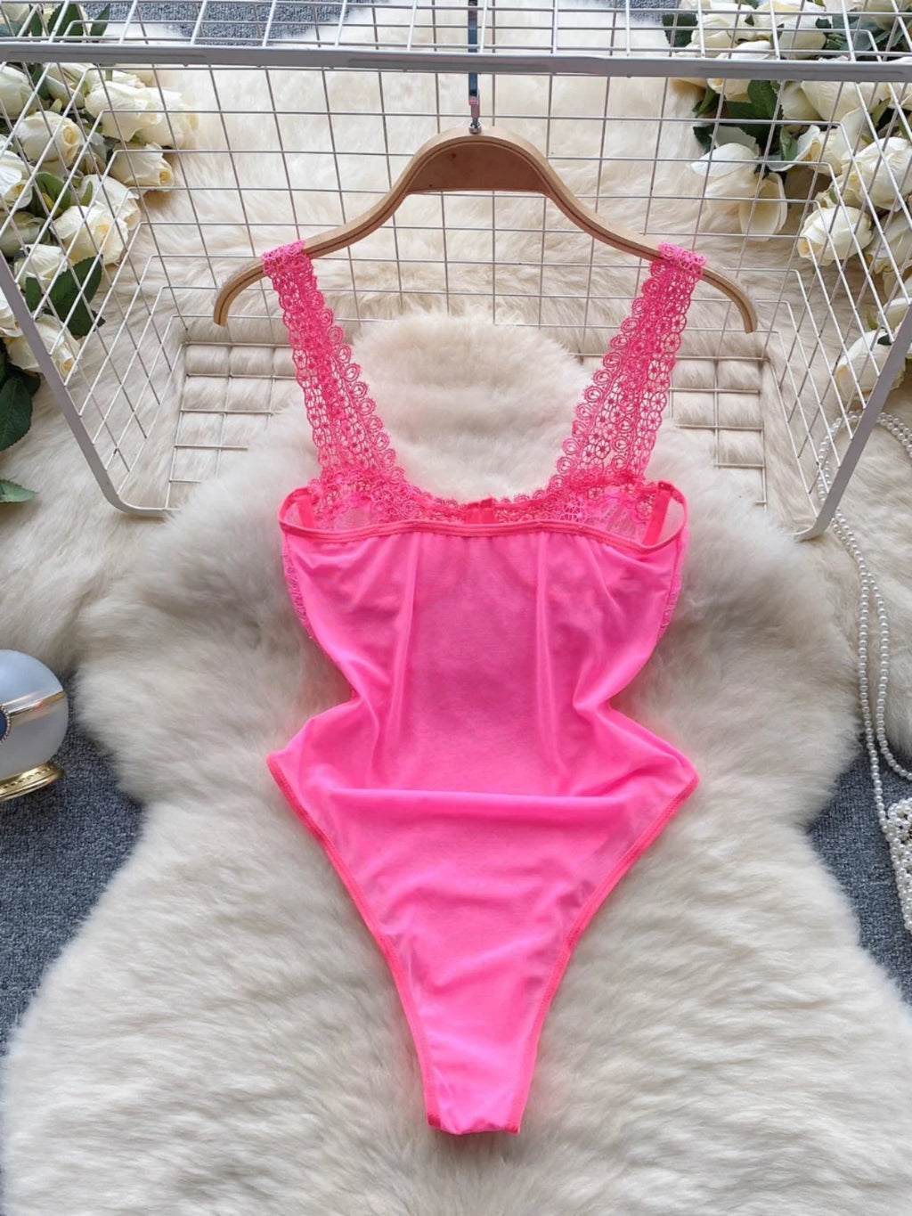 ssTss Fashion Sexy Lace Camisole V-Neck Jumpsuit Women's Sleeveless Slim Fit Mesh Bottom Versatile Bodysuit Tank Top