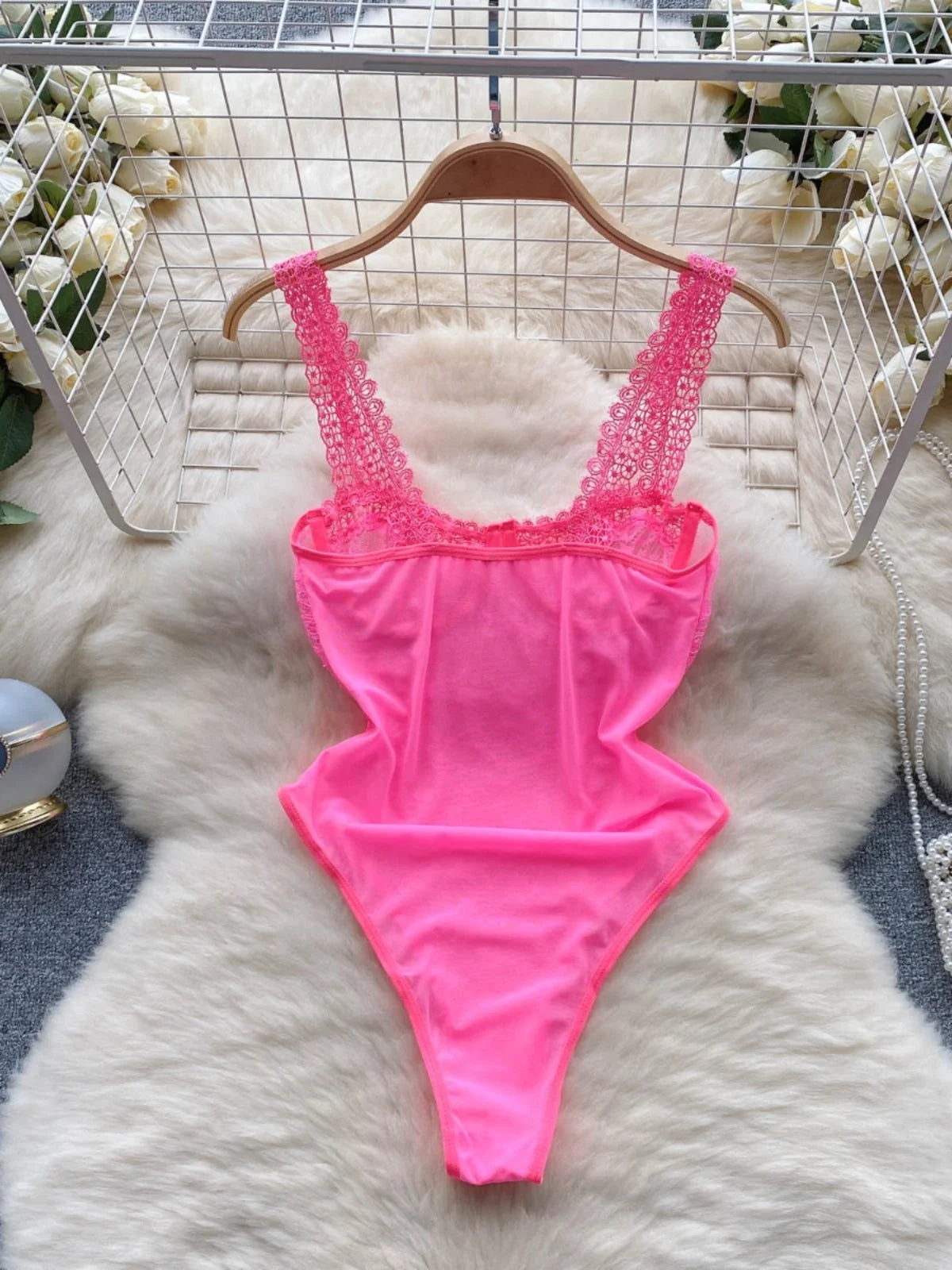ssTss Fashion Sexy Lace Camisole V-Neck Jumpsuit Women's Sleeveless Slim Fit Mesh Bottom Versatile Bodysuit Tank Top