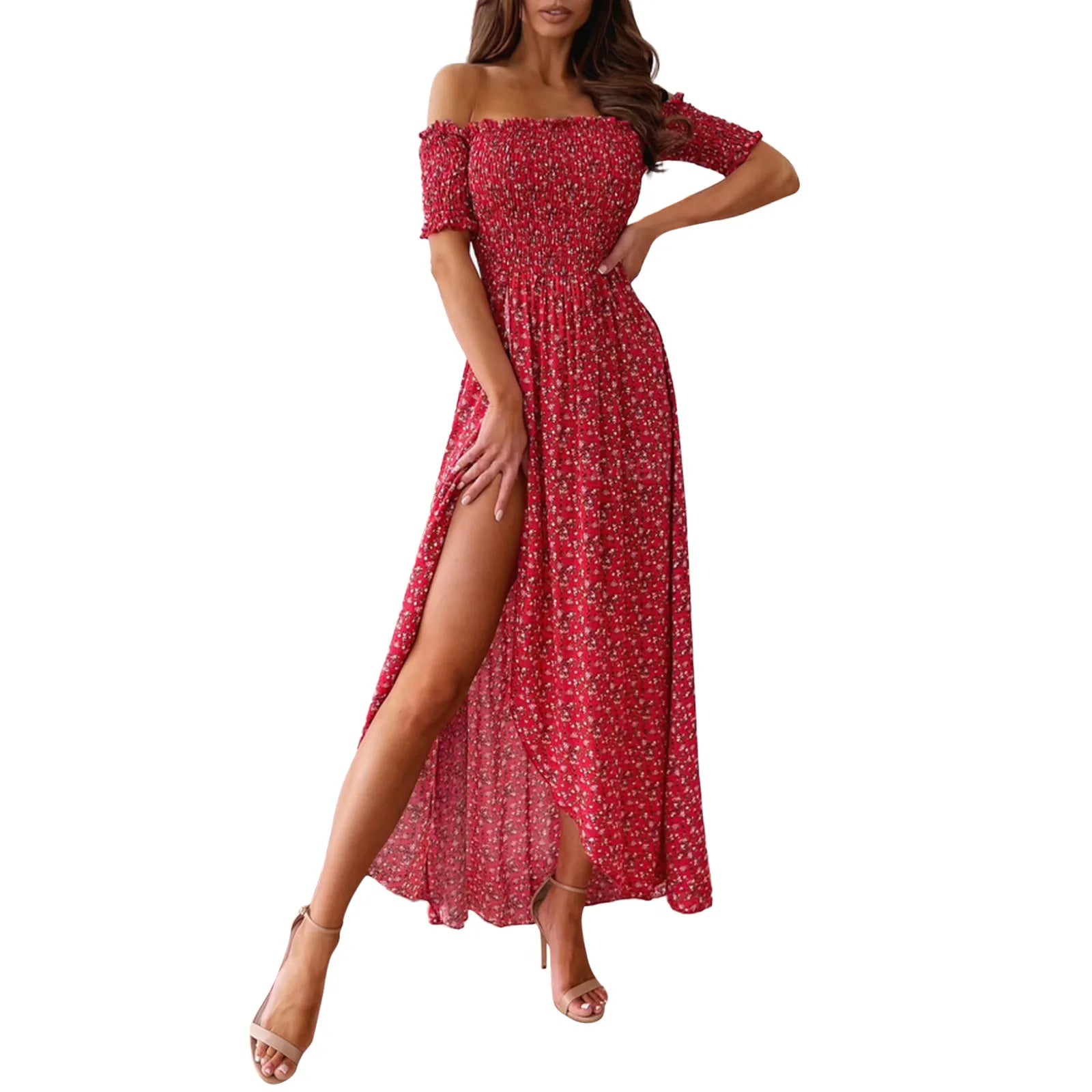Women Elegant Floral Printed Long Dresses 2023 Summer Sexy Off Shoulder High Slit Party Beach Maxi Dress Ladies Boho Dress