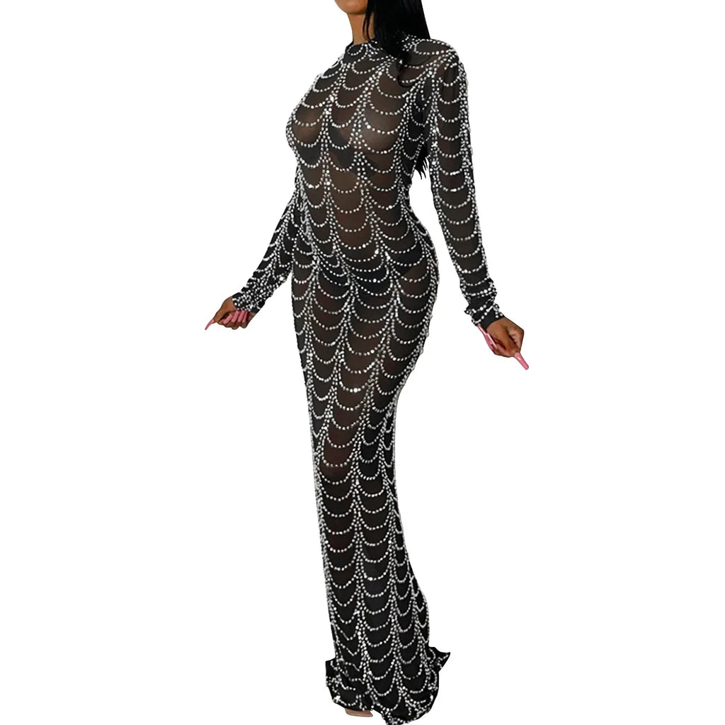 Women Rhinestone Sexy Nightclub Dress Transparent Mesh Hip Hugging Floor Length Dresses For Women Long Sleeve Fashion Sexy Dress