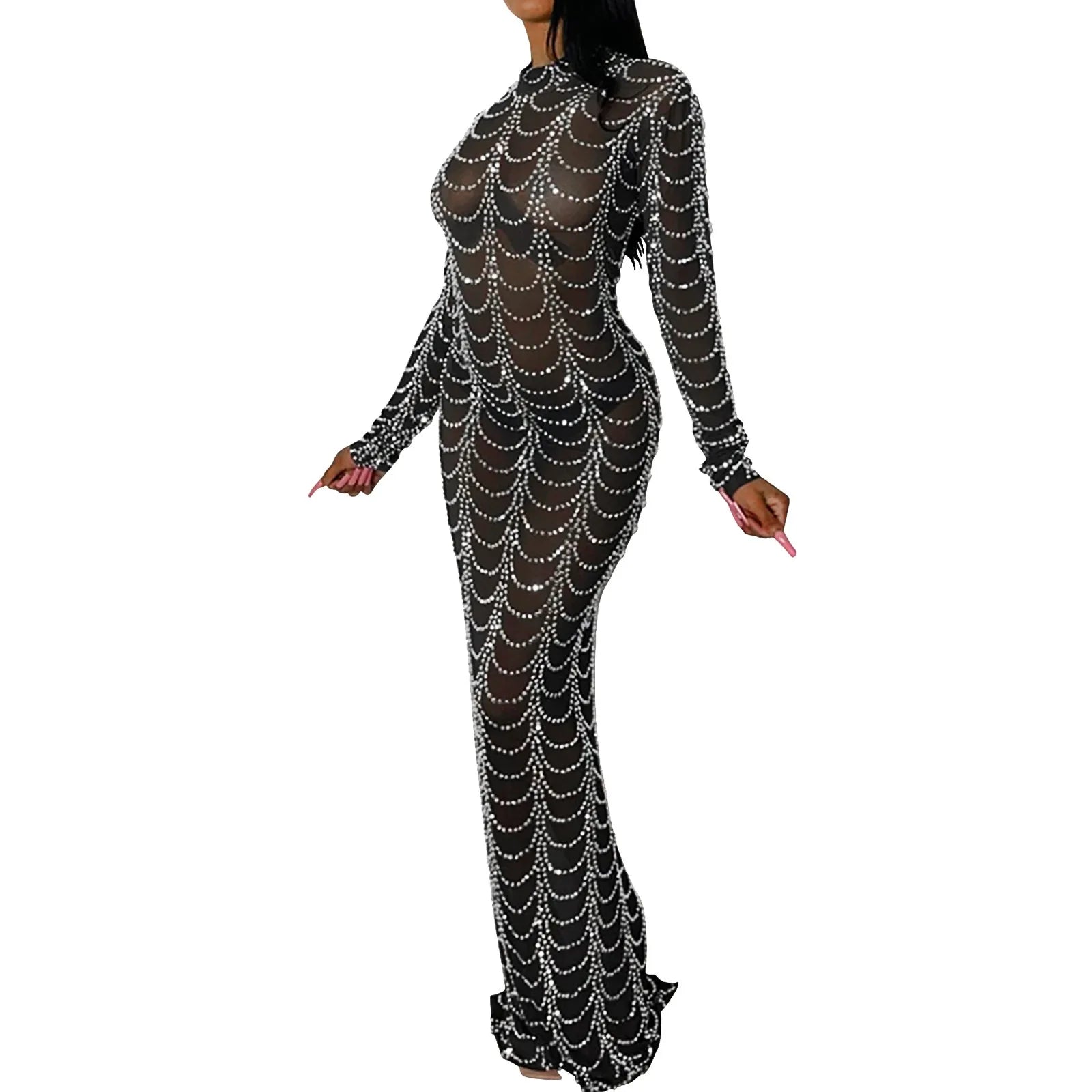 Women Rhinestone Sexy Nightclub Dress Transparent Mesh Hip Hugging Floor Length Dresses For Women Long Sleeve Fashion Sexy Dress