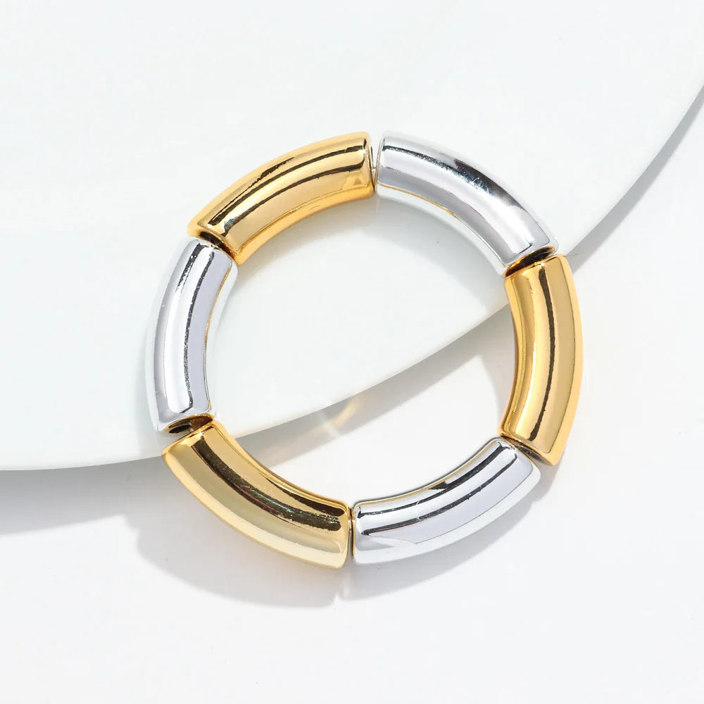 Bohemia Gold Silver Color Acrylic Chunky Bamboo for Women Bracelets Boho Resin Curved Tube Stretchy Bangle Fashion Jewelry