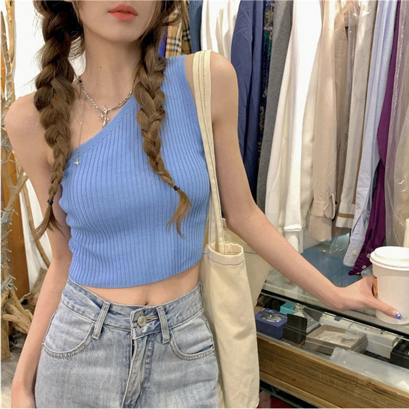 1pcs Women Sports Tank Tops Girls Sexy Crop Tops Lady Fresh Casual Vest Female One Shoulder Summer Tops Fitness Elastic