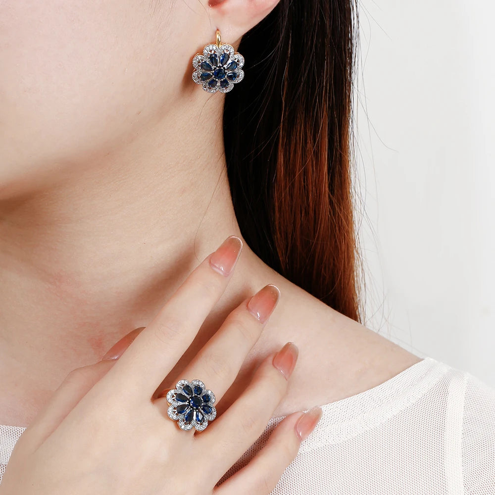 Flower-shaped inlaid zircon women's luxury earrings ring set fashion jewelry copper plated 14K gold banquet party gift