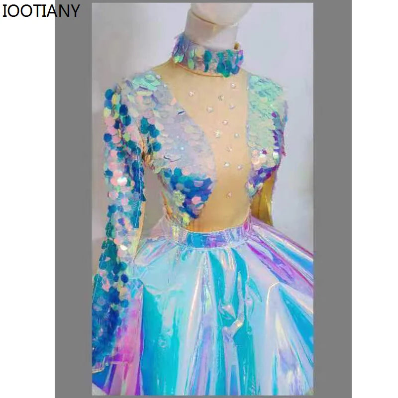 Sexy Mermaid Cosplay Jumpsuit Women Colorful Sequins Fish Scale Rhinestone Bodysuit Masquerade Party Dress Gogo Dancer Swimsuits