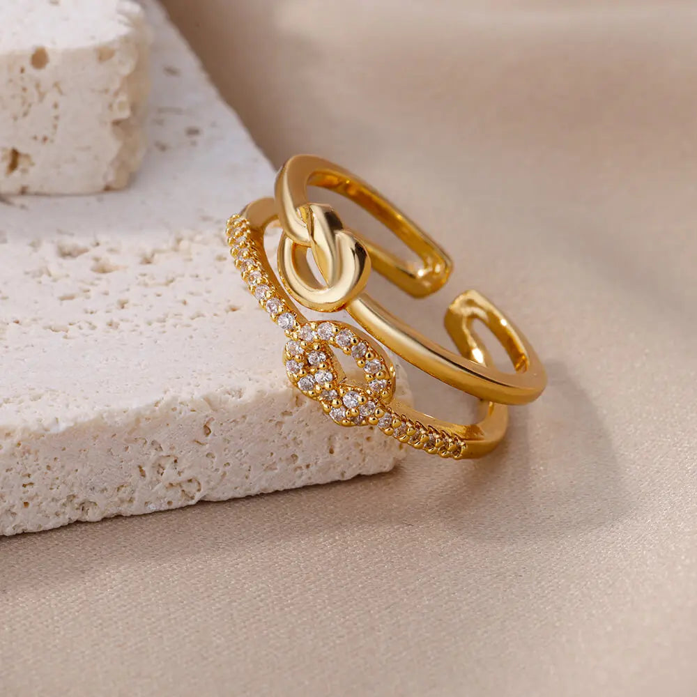 Knot Zircon Ring for Women Stainless Steel Gold Color Open Finger Rings Aesthetic Waterproof Jewelry Accessories anillo mujer