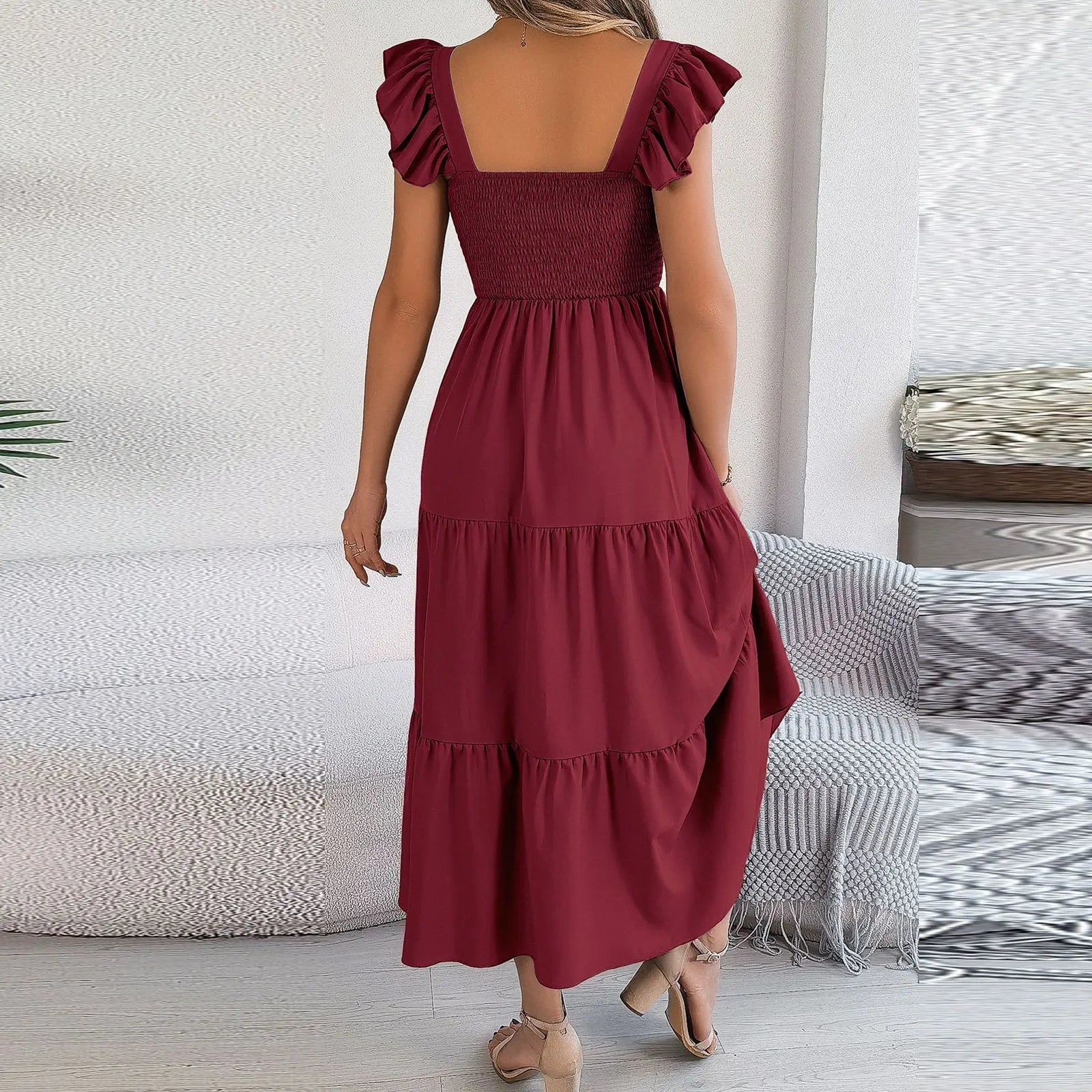 Hot Dress For 2024 Summer Solid Color Square Neck Elastic Waist  A Line Slimming Long Vestido Womens Mother Of The Bride Dresses