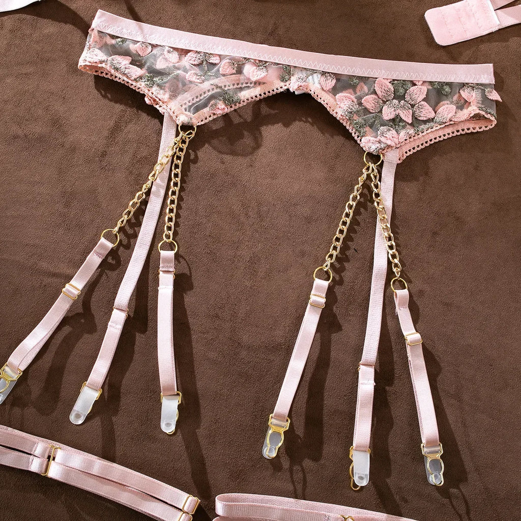 Girl Embroidered Flower Perspective Lingerie Set Women's Sweet Sexy Chain Underwear Female Solid See Though Bra Three Piece Set