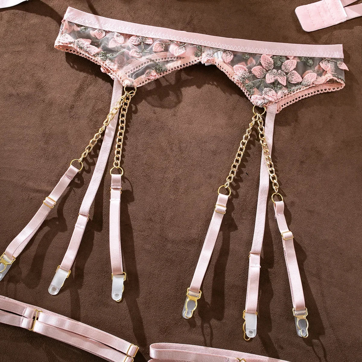 Girl Embroidered Flower Perspective Lingerie Set Women's Sweet Sexy Chain Underwear Female Solid See Though Bra Three Piece Set