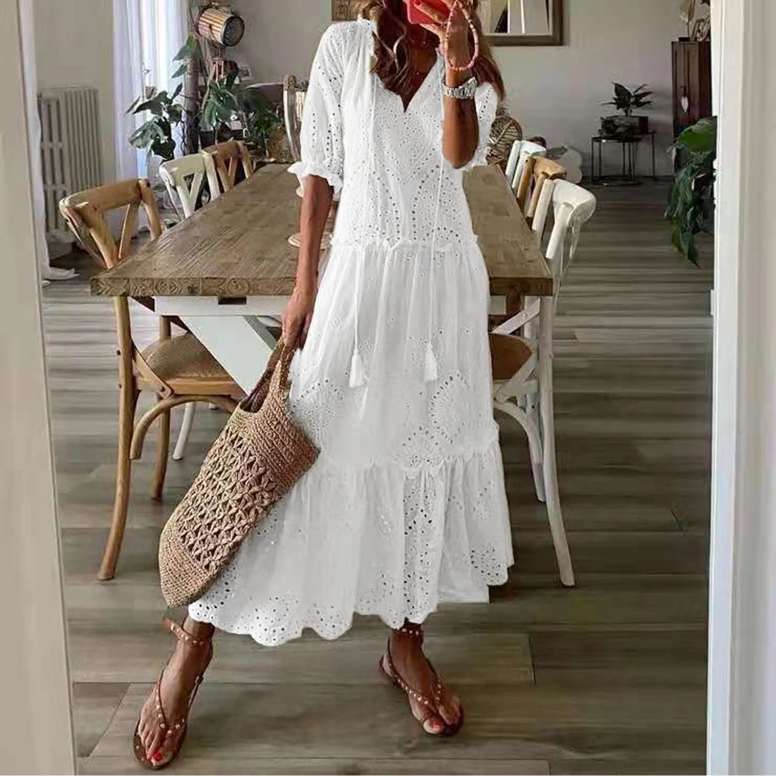 Ladies Hollow Solid Casual Dresses Leisure Sweet V Neck Summer Dress Hanging Beard Short Sleeve Medium Length Dress For Women