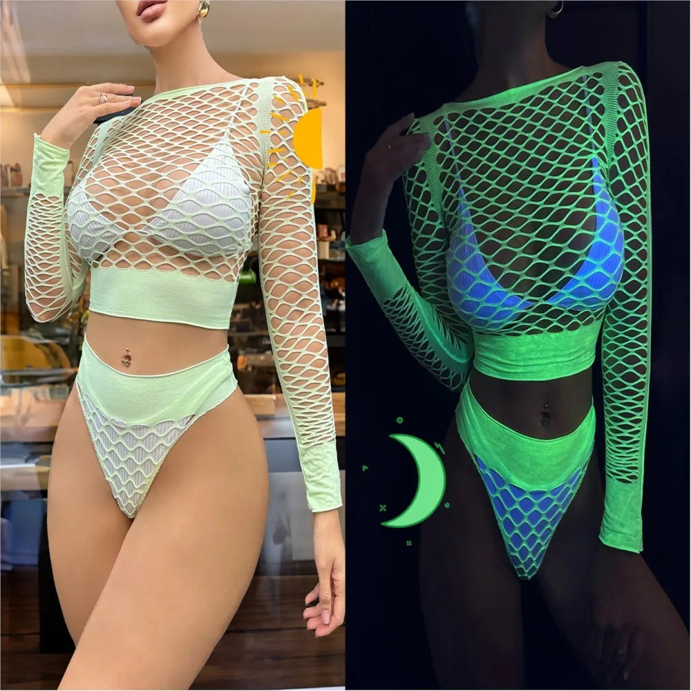 Fluorescent green glow in the dark hollow bikini two-piece set fishing net fun women's hood Beach swimsuits woman 2025 Sex shop