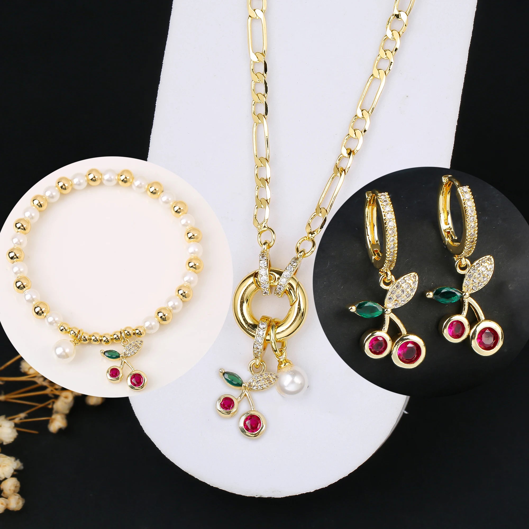 3pcs Hot Sale Shiny Zirconia Crystal Cherry Necklace Bracelet Earrings Jewelry Set Fashion for Woman Girl Wedding Lucky Jewelry