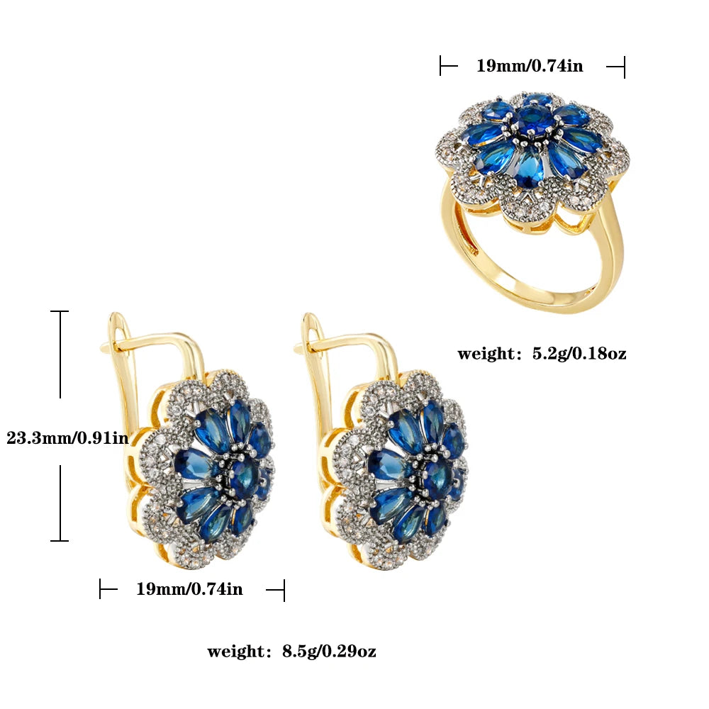 Flower-shaped inlaid zircon women's luxury earrings ring set fashion jewelry copper plated 14K gold banquet party gift