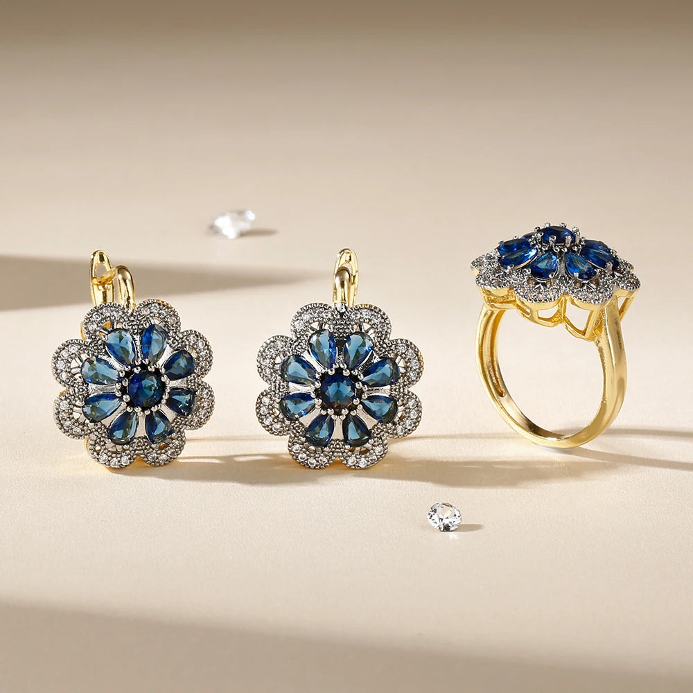 Flower-shaped inlaid zircon women's luxury earrings ring set fashion jewelry copper plated 14K gold banquet party gift