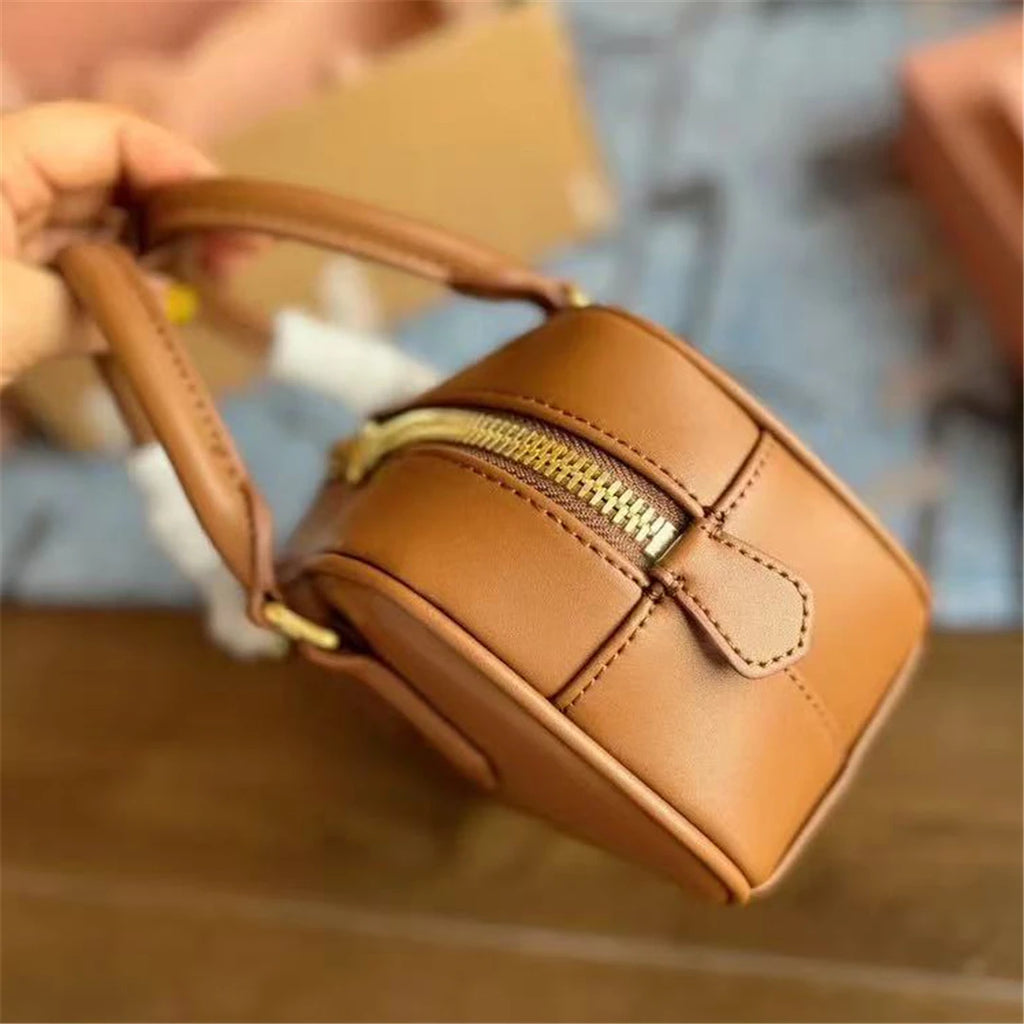 Portable Bowling Bag For Women Luxury Crossbody Bag Real Cowhide Leather Versatile Handbag Fashion Designer Lady Tote Bags