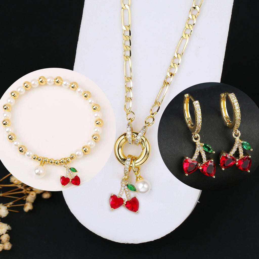 3pcs Hot Sale Shiny Zirconia Crystal Cherry Necklace Bracelet Earrings Jewelry Set Fashion for Woman Girl Wedding Lucky Jewelry
