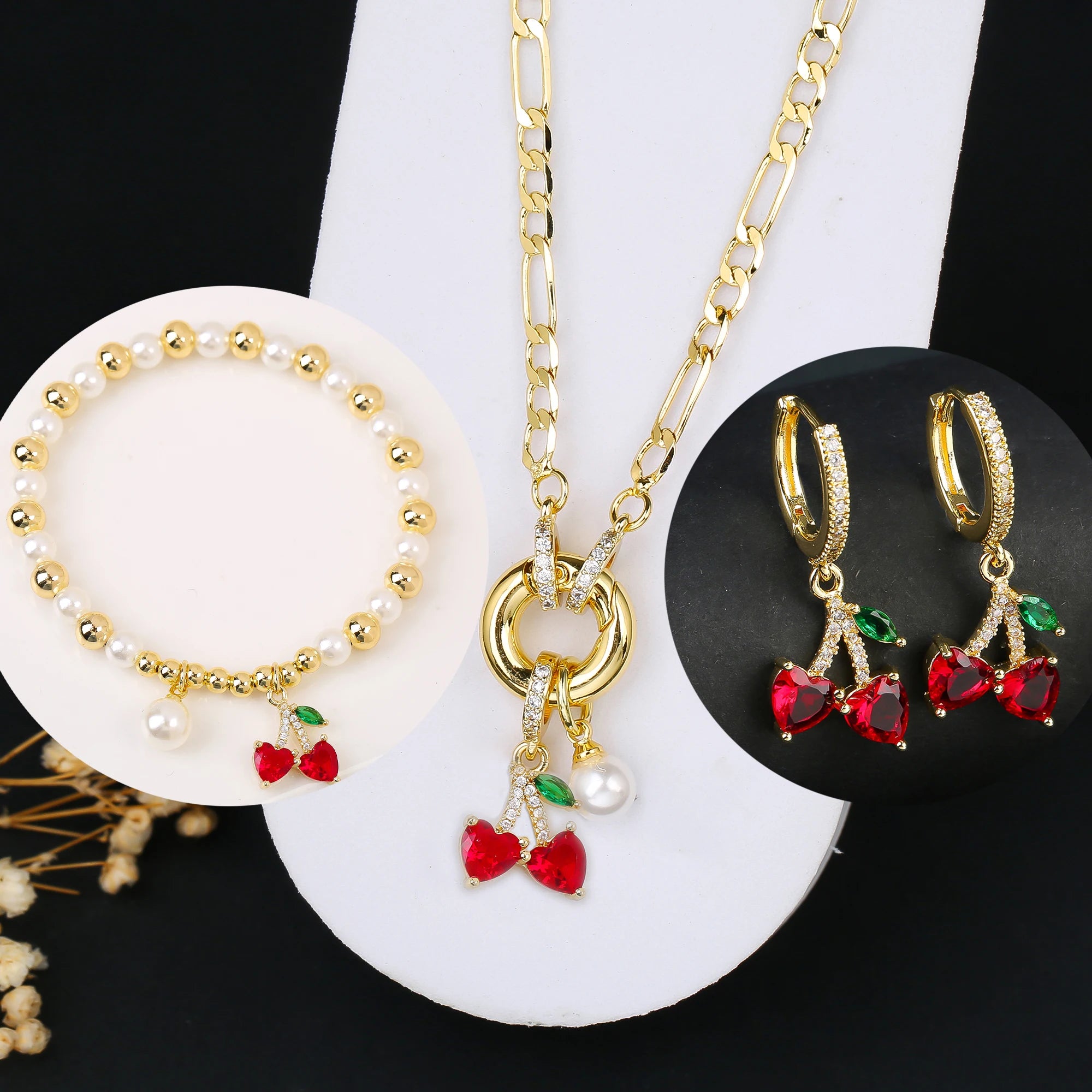 3pcs Hot Sale Shiny Zirconia Crystal Cherry Necklace Bracelet Earrings Jewelry Set Fashion for Woman Girl Wedding Lucky Jewelry