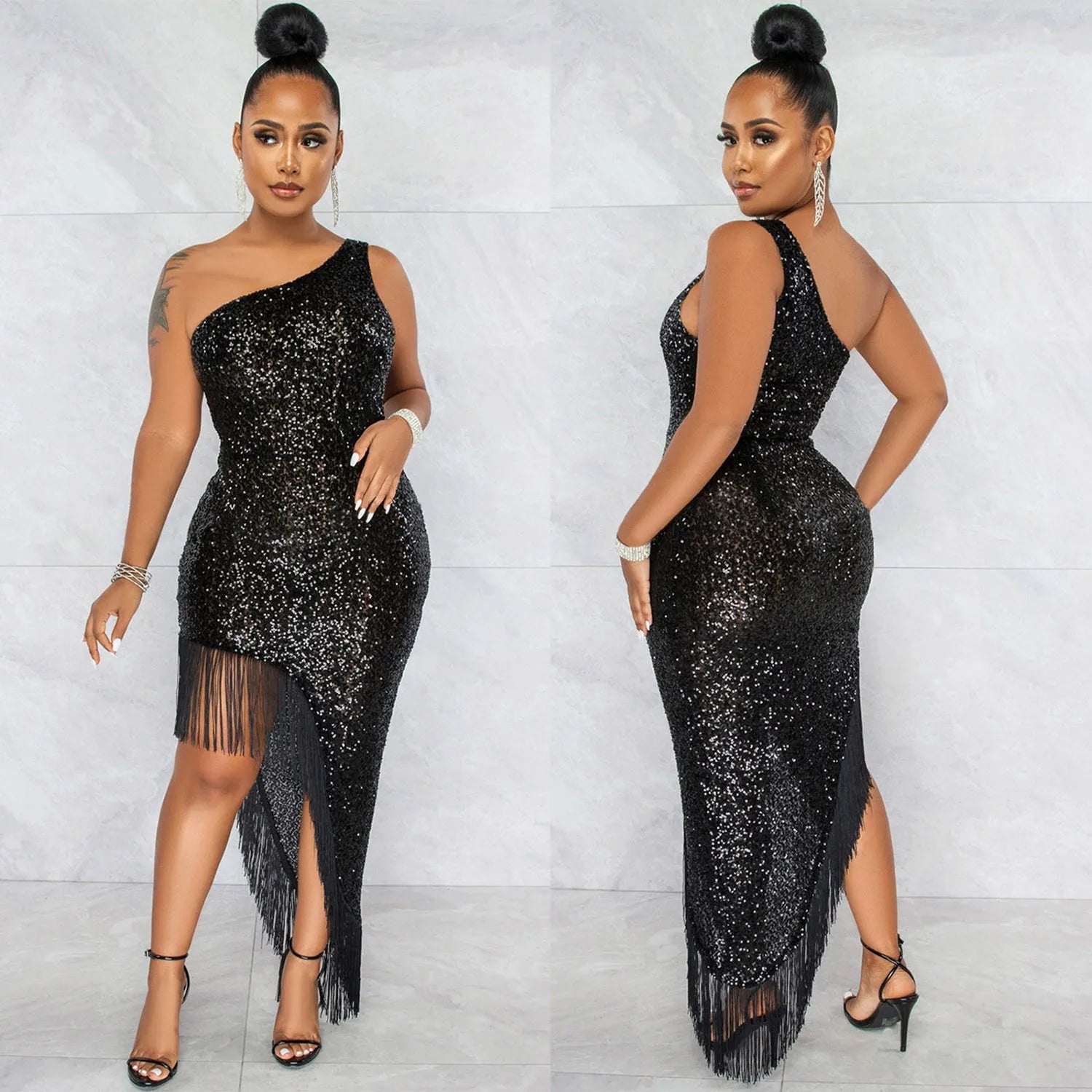Women Sexy Gala Dress Slopping Shoulder Sleeveless Split Tassel Sequin Evening Dresses Sequins High Split Wrap Buttocks Skirt