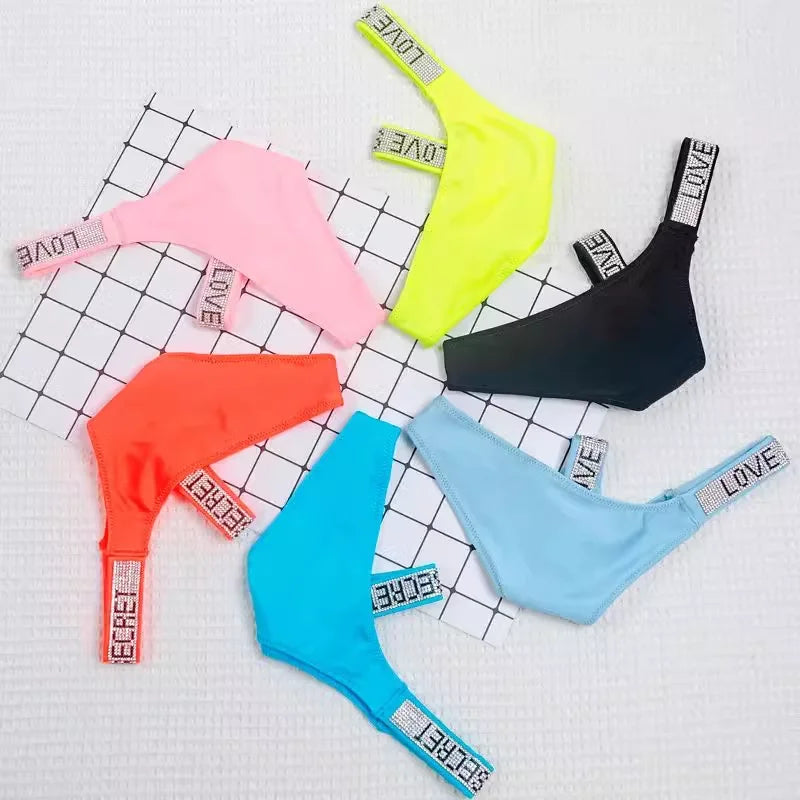 Women's Fashion Lingerie Low Waist Women's Underwear Underwear Rhinestone Letters Comfortable Pink Thong Sexy Swimming Trousers