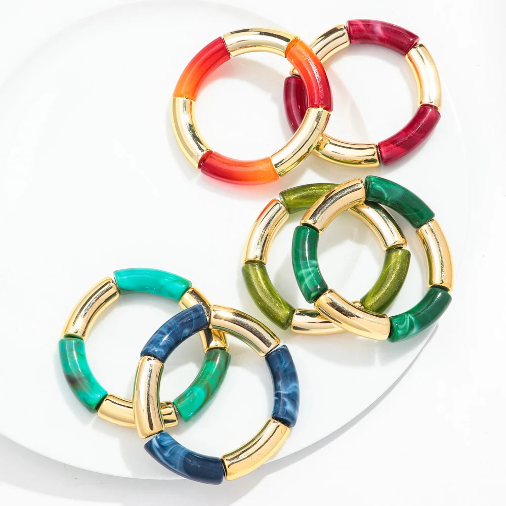 Bohemia Gold Silver Color Acrylic Chunky Bamboo for Women Bracelets Boho Resin Curved Tube Stretchy Bangle Fashion Jewelry
