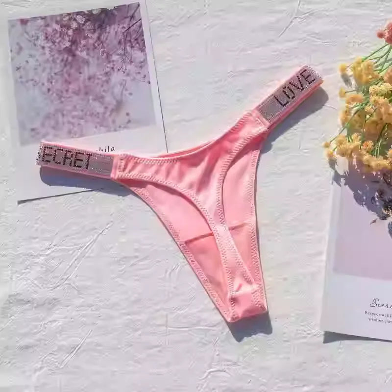 Women's Fashion Lingerie Low Waist Women's Underwear Underwear Rhinestone Letters Comfortable Pink Thong Sexy Swimming Trousers