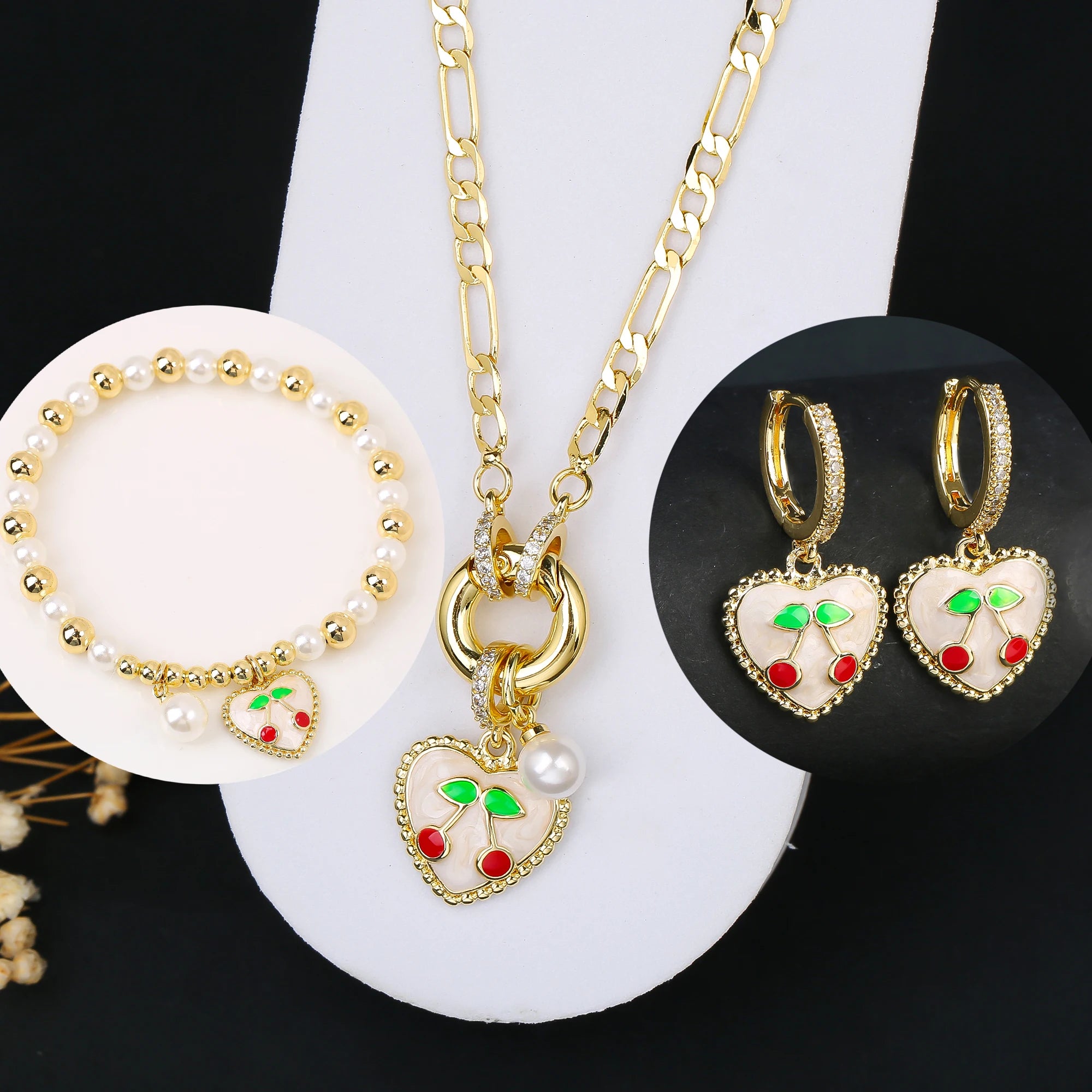 3pcs Hot Sale Shiny Zirconia Crystal Cherry Necklace Bracelet Earrings Jewelry Set Fashion for Woman Girl Wedding Lucky Jewelry