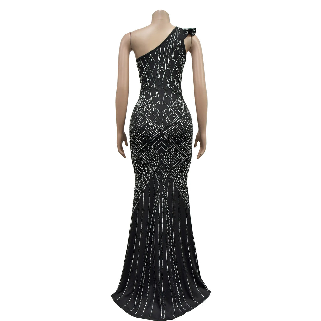 Women Dress Floor Length Dresses Skew Collar Vestidos Hot Drilling Sleeveless One Shoulder Hip Wrap
