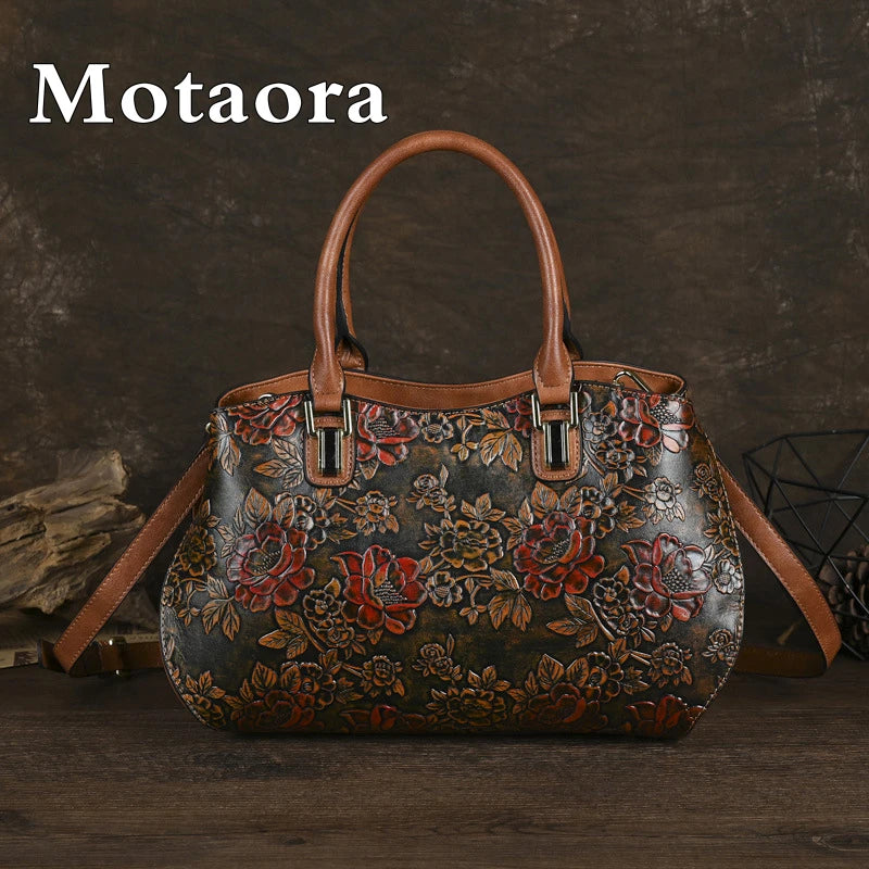 MOTAORA  New Embossed Handmade Shoulder Bag For Women's Large Capacity PU Leather Handbag Chinese Style Mother's Crossbody Bags