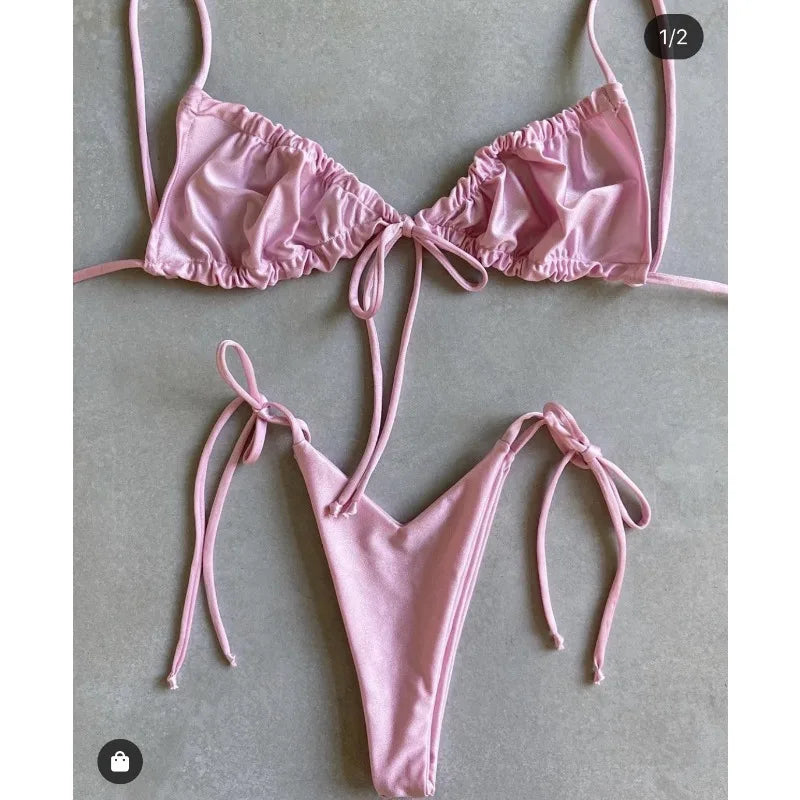 women's swimsuit loop strap bikini double face plain swimsuit sexy bikini swimming pool party essential NEW