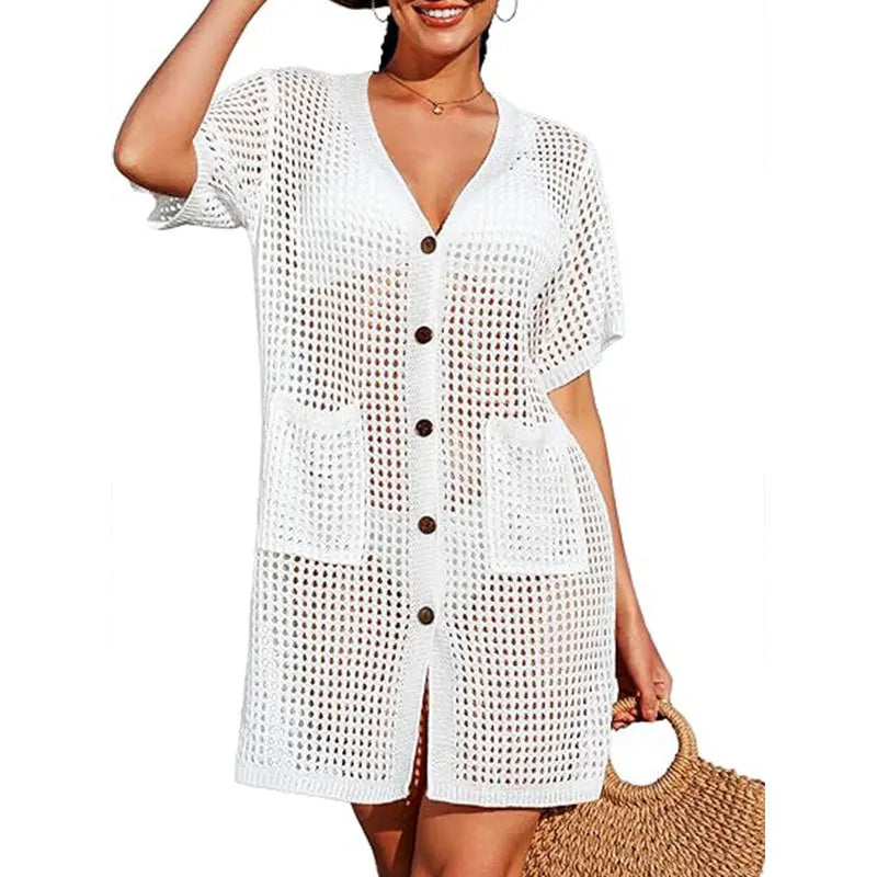 Beach Shirt Hollow Knitted Short Sleeve Cardigan Seaside Vacation Swimsuit Sunscreen Clothes Women