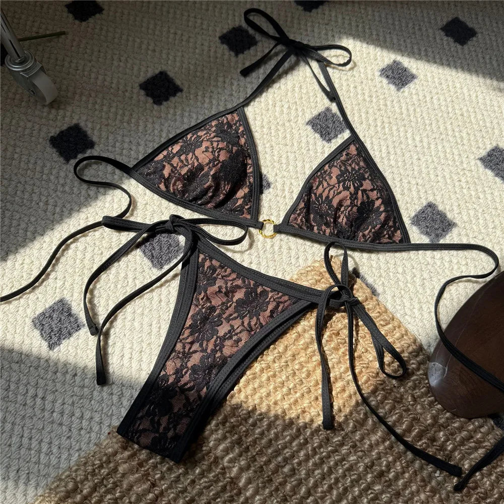 Sexy Black Lace Mesh Swimwear Halter String Triangle Bikinis Sets Mini Micro Thong Swimsuit Woman 2025 Bathing Suit Bikini Mujer