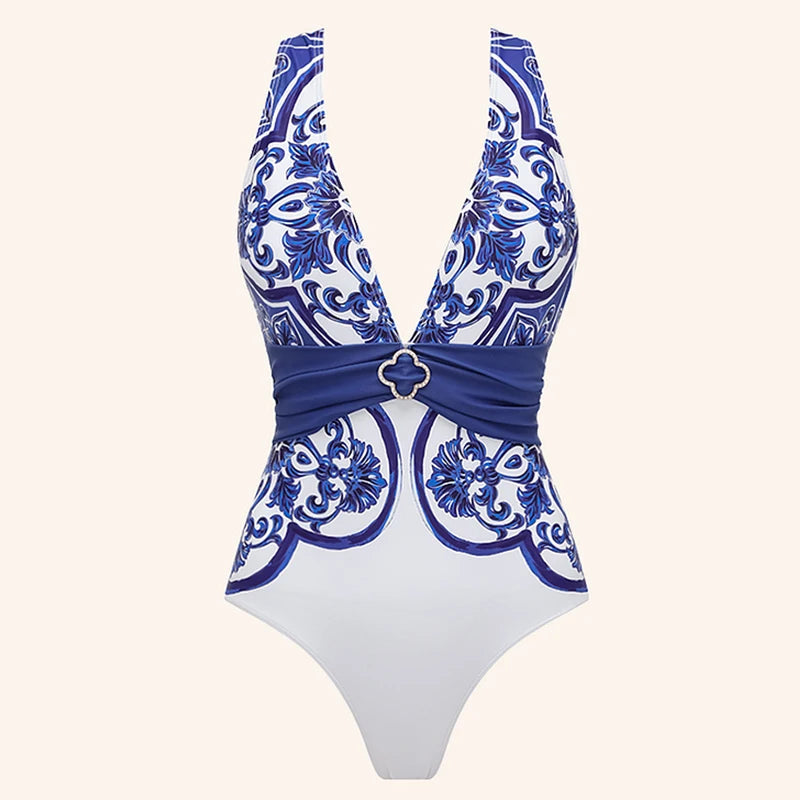 Woman Swimsuits 2025 Beach Dress V Neck Classic Majolica Series Pattern Print One Piece Swimsuit and Pants or Shorts Beachwear