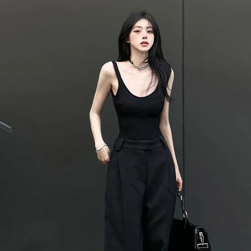 Black Strappy Bodysuit Sexy Backless Ribbed Bodysuit Romper string femme sexy Sleeveless Tank Top gloved bodysuit Body Female