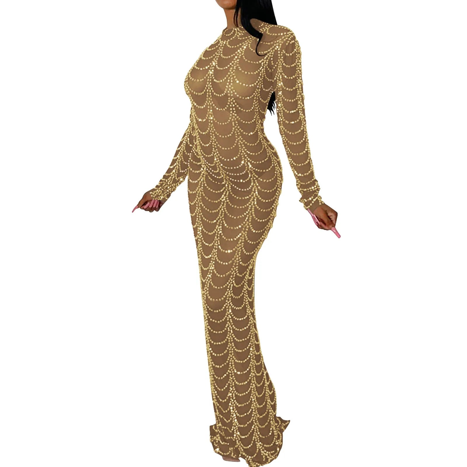 Women Rhinestone Sexy Nightclub Dress Transparent Mesh Hip Hugging Floor Length Dresses For Women Long Sleeve Fashion Sexy Dress