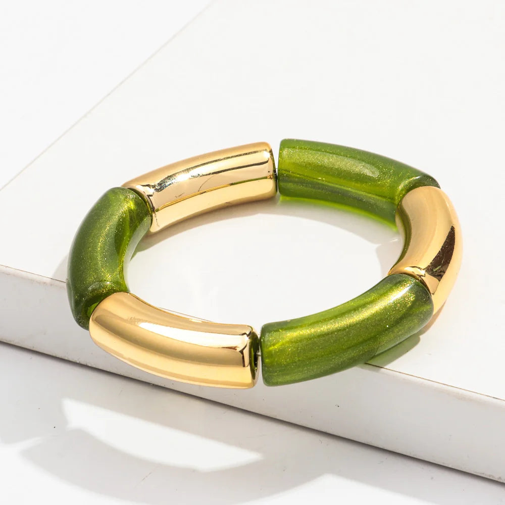 Bohemia Gold Silver Color Acrylic Chunky Bamboo for Women Bracelets Boho Resin Curved Tube Stretchy Bangle Fashion Jewelry
