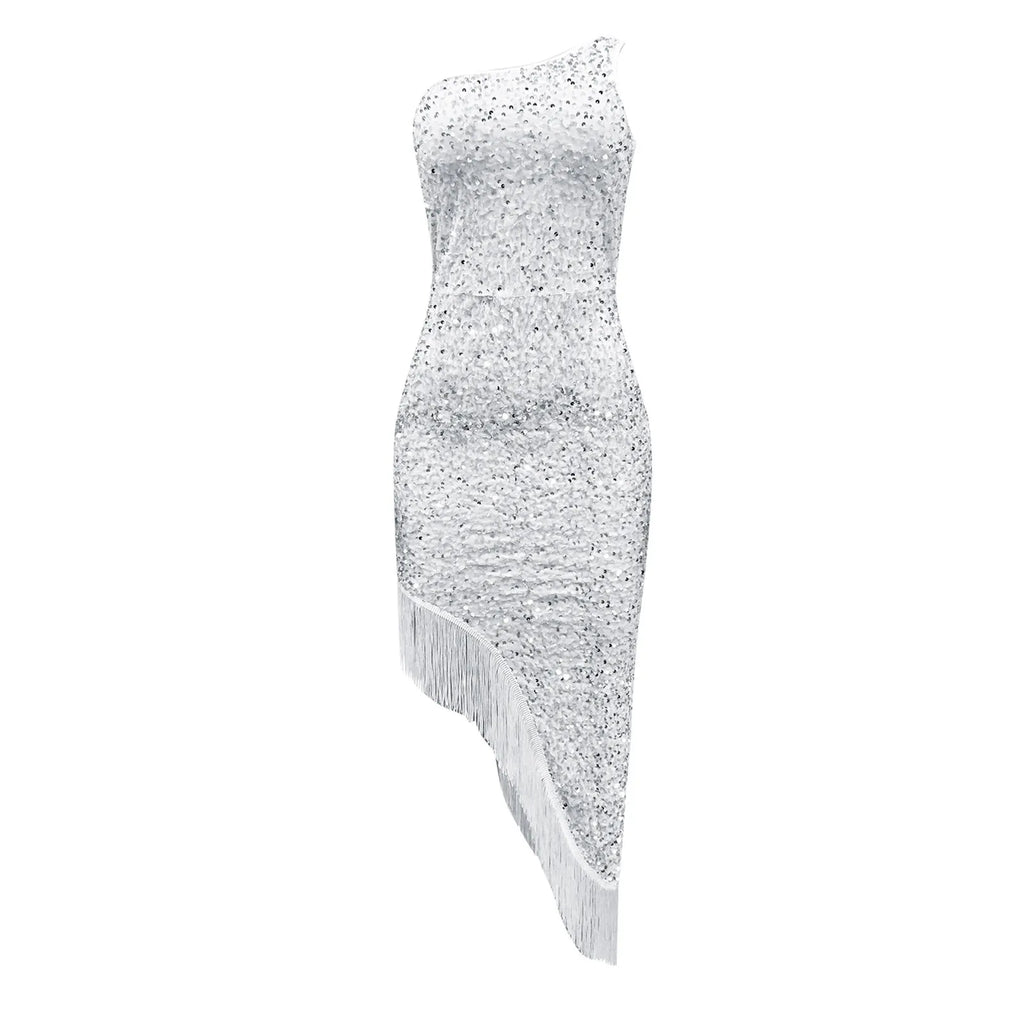 Women Sexy Gala Dress Slopping Shoulder Sleeveless Split Tassel Sequin Evening Dresses Sequins High Split Wrap Buttocks Skirt