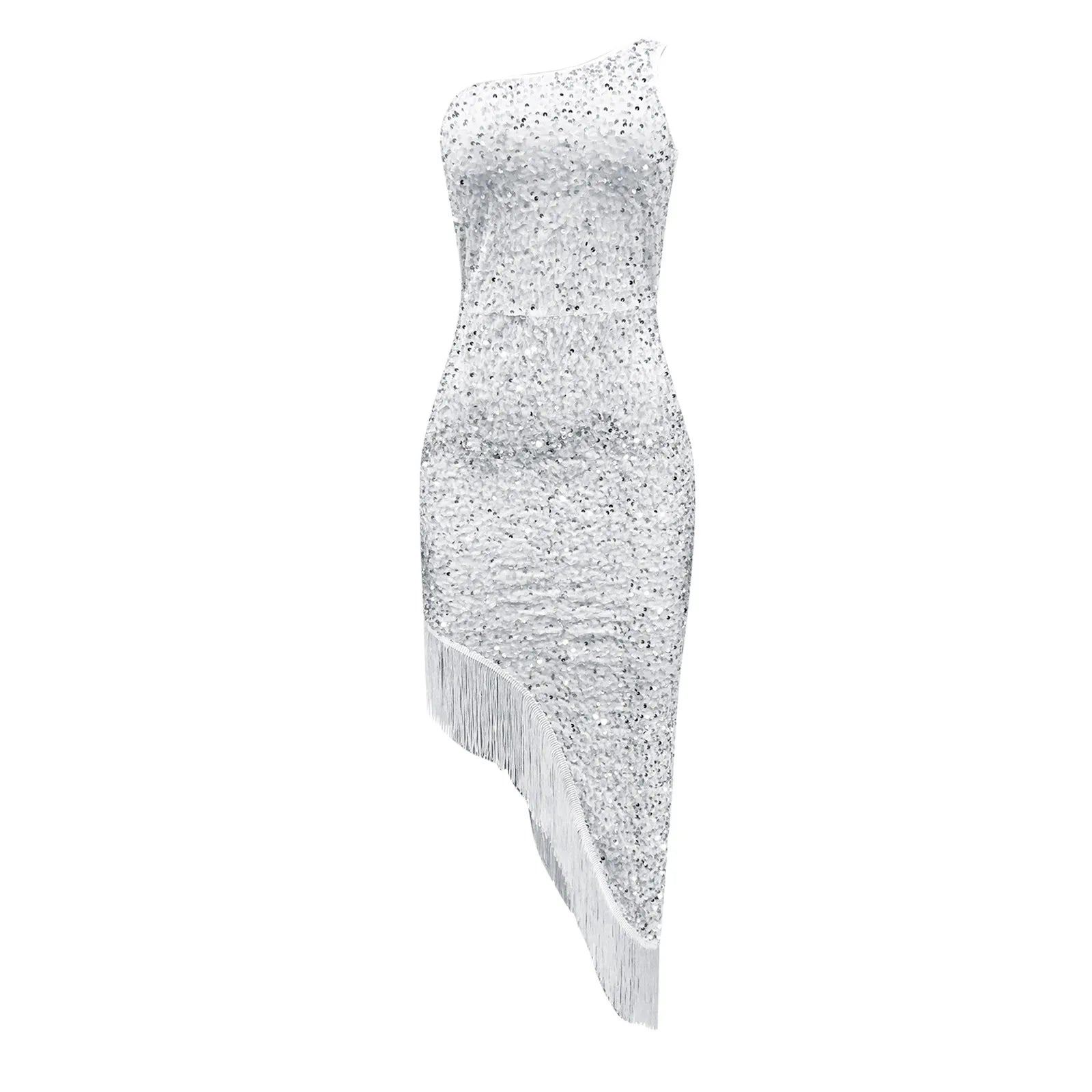 Women Sexy Gala Dress Slopping Shoulder Sleeveless Split Tassel Sequin Evening Dresses Sequins High Split Wrap Buttocks Skirt