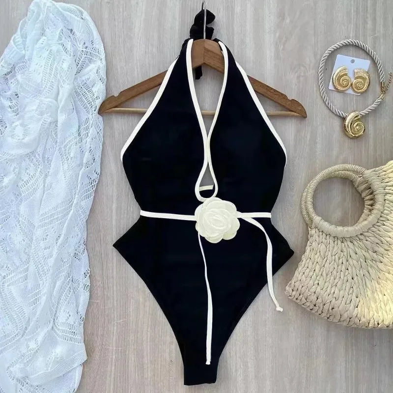 2025 Floral One Piece Swimsuit New Halter Bandage Swimwear Women Swimsuit Bathing Suit Beachwear Monokini Female Swimming Suits