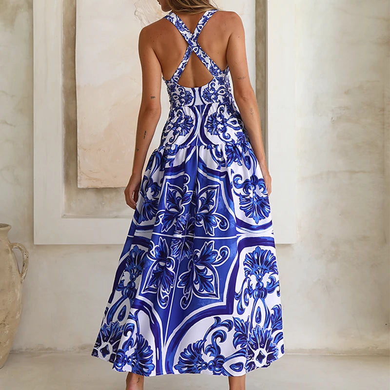 Woman Swimsuits 2025 Beach Dress V Neck Classic Majolica Series Pattern Print One Piece Swimsuit and Pants or Shorts Beachwear