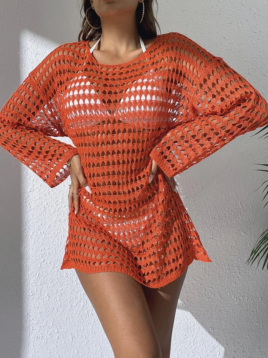 New Summer Women's Knitted Hollow Pullover Round Neck Long-sleeved Swimsuit Hood
