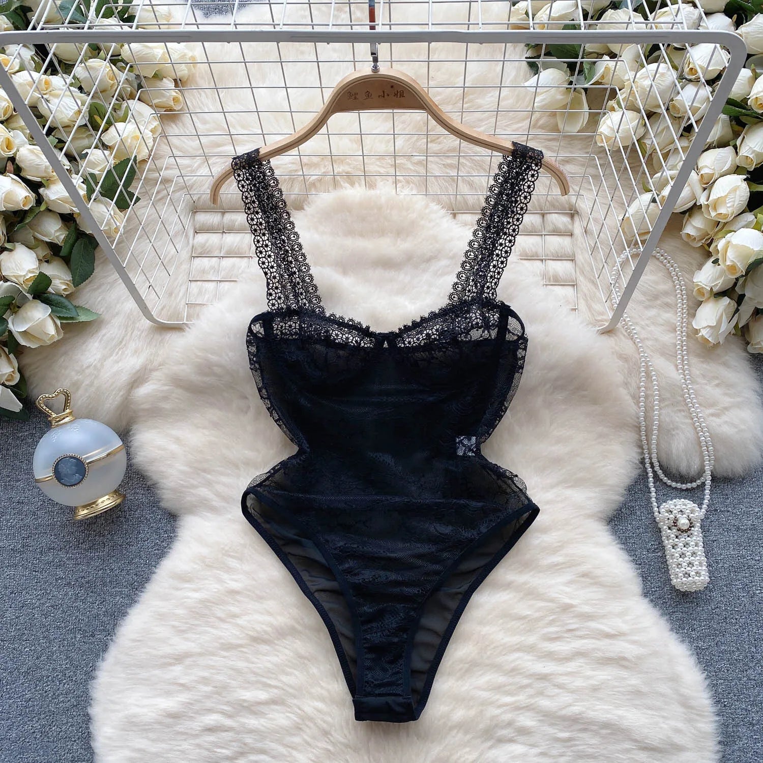 ssTss Fashion Sexy Lace Camisole V-Neck Jumpsuit Women's Sleeveless Slim Fit Mesh Bottom Versatile Bodysuit Tank Top