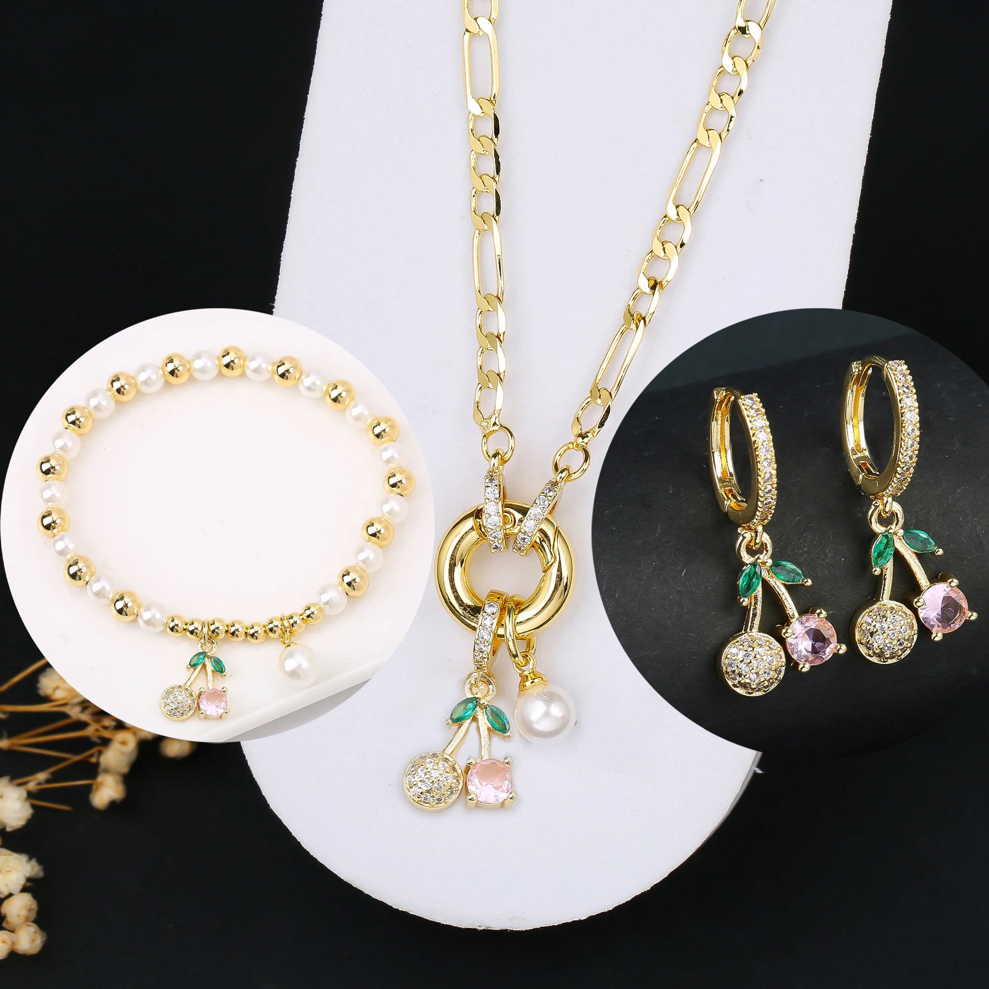 3pcs Hot Sale Shiny Zirconia Crystal Cherry Necklace Bracelet Earrings Jewelry Set Fashion for Woman Girl Wedding Lucky Jewelry