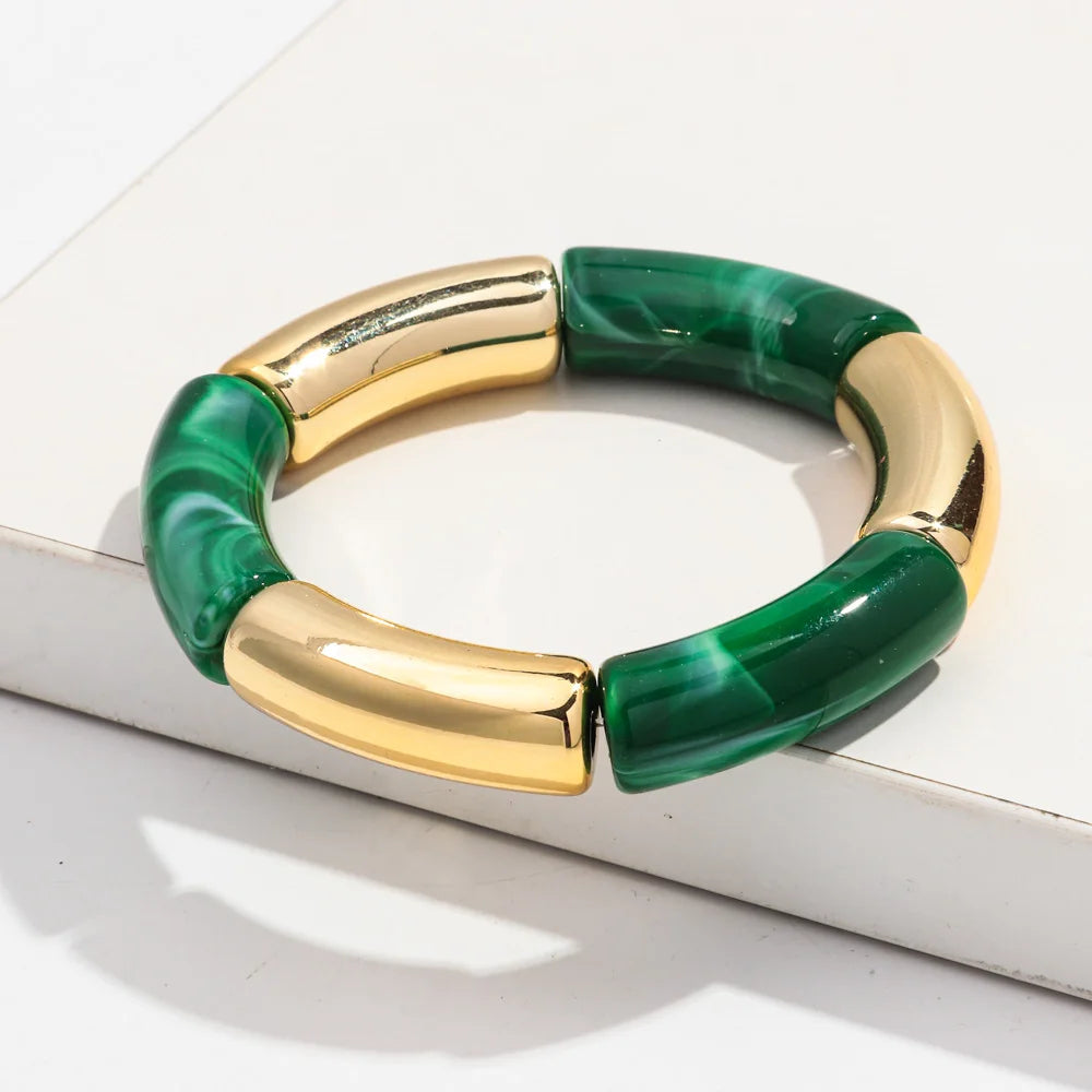 Bohemia Gold Silver Color Acrylic Chunky Bamboo for Women Bracelets Boho Resin Curved Tube Stretchy Bangle Fashion Jewelry