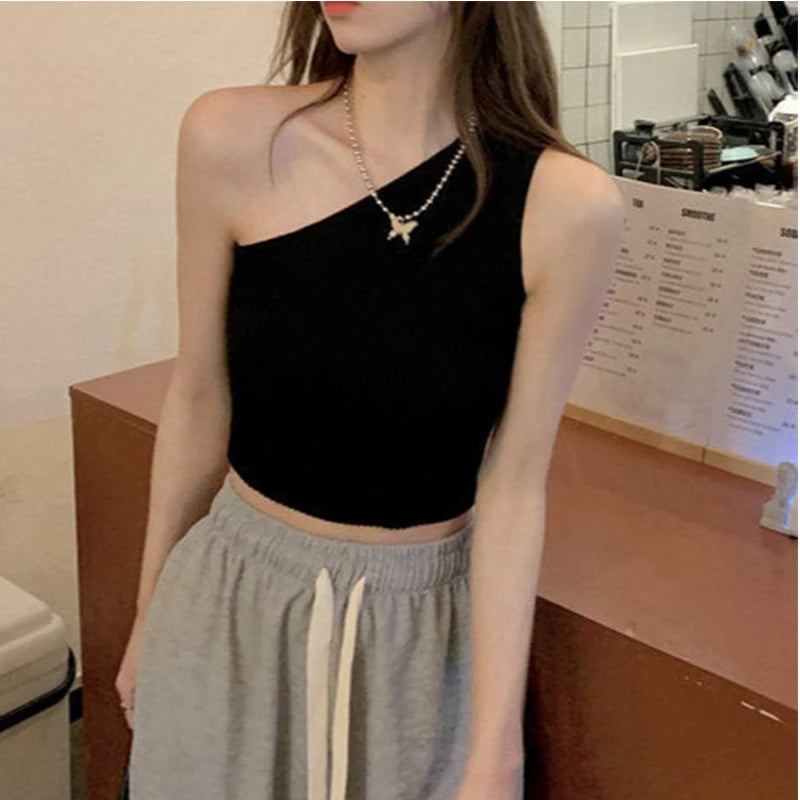 1pcs Women Sports Tank Tops Girls Sexy Crop Tops Lady Fresh Casual Vest Female One Shoulder Summer Tops Fitness Elastic