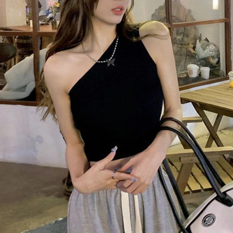 1pcs Women Sports Tank Tops Girls Sexy Crop Tops Lady Fresh Casual Vest Female One Shoulder Summer Tops Fitness Elastic