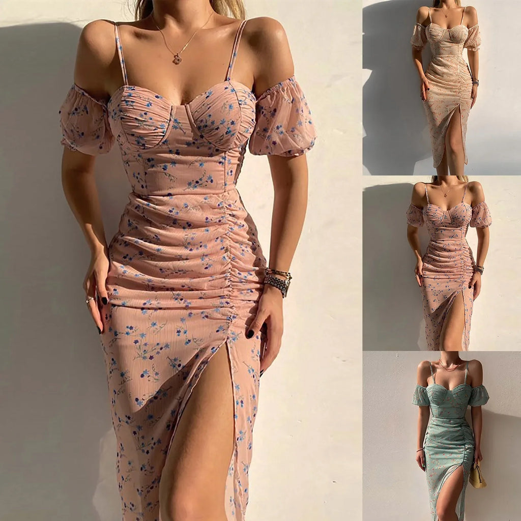 Women's Floral Print Long Dresses Elegant Irregular Hem Wrap Chest Chiffon Dress Summer Pleated Wrap Hip Floral Maxi Dress Robe