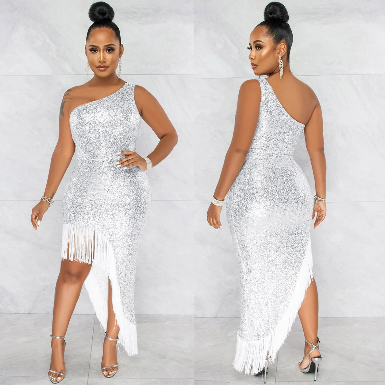 Women Sexy Gala Dress Slopping Shoulder Sleeveless Split Tassel Sequin Evening Dresses Sequins High Split Wrap Buttocks Skirt