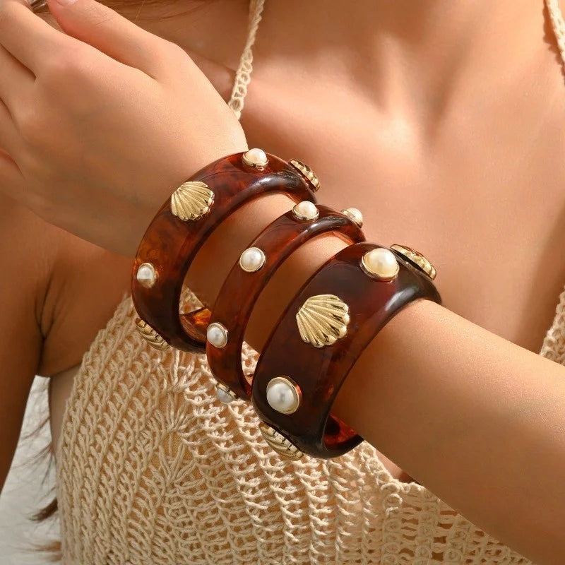 DIEZI Exaggerated Resin Pearl Shell Wide Bangles Vintage Fashion Geometric Round Bracelet Bangle For Women Men Gift Jewelry