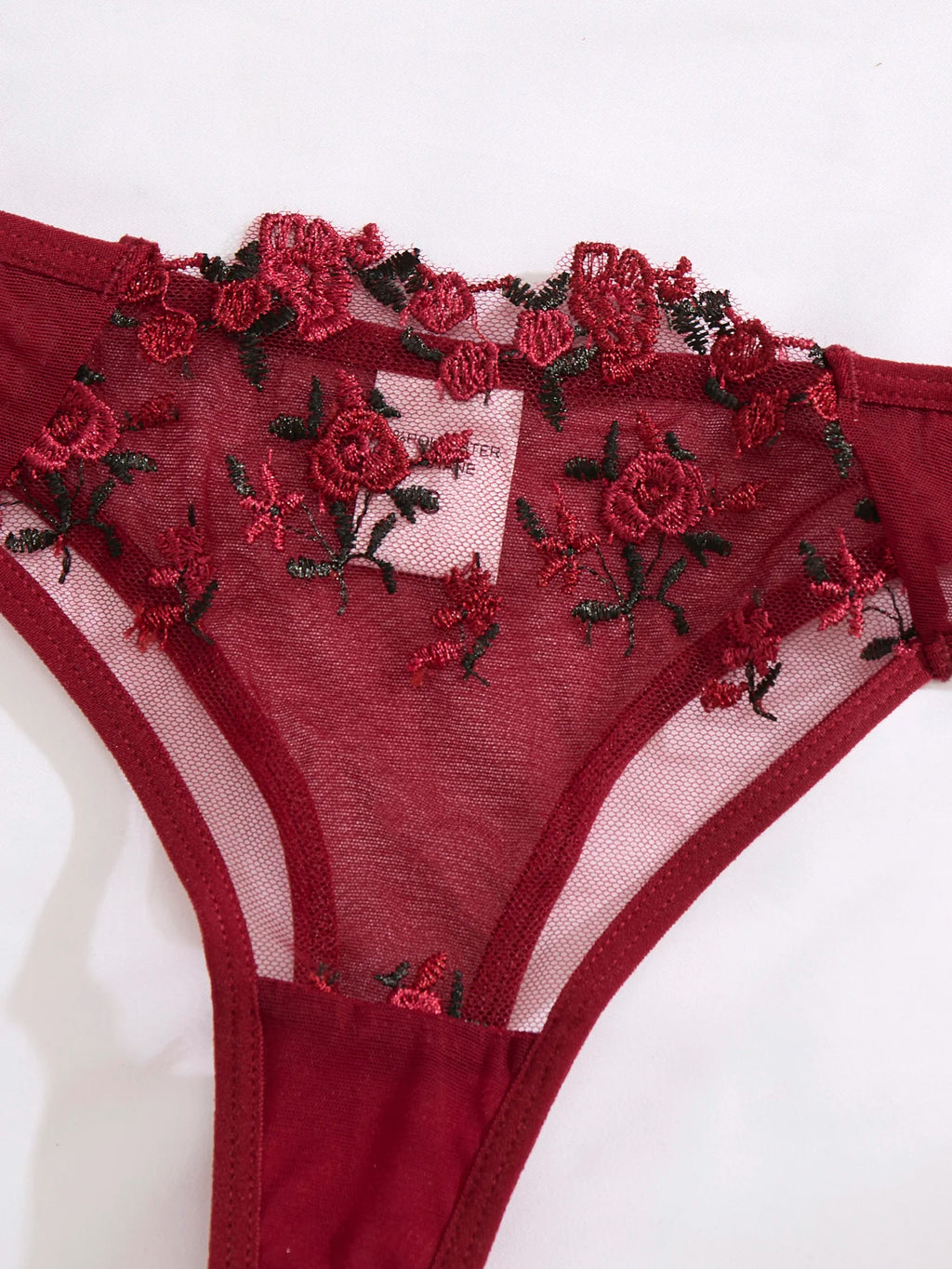 Ladies' wine red heart-shaped design embroidered semi transparent comfortable breathable underwear set, suitable for all seasons
