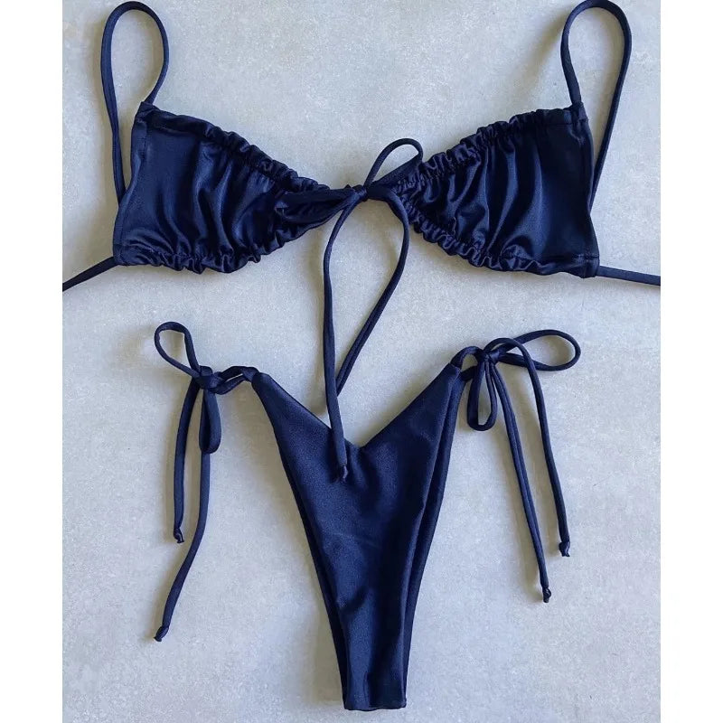 women's swimsuit loop strap bikini double face plain swimsuit sexy bikini swimming pool party essential NEW